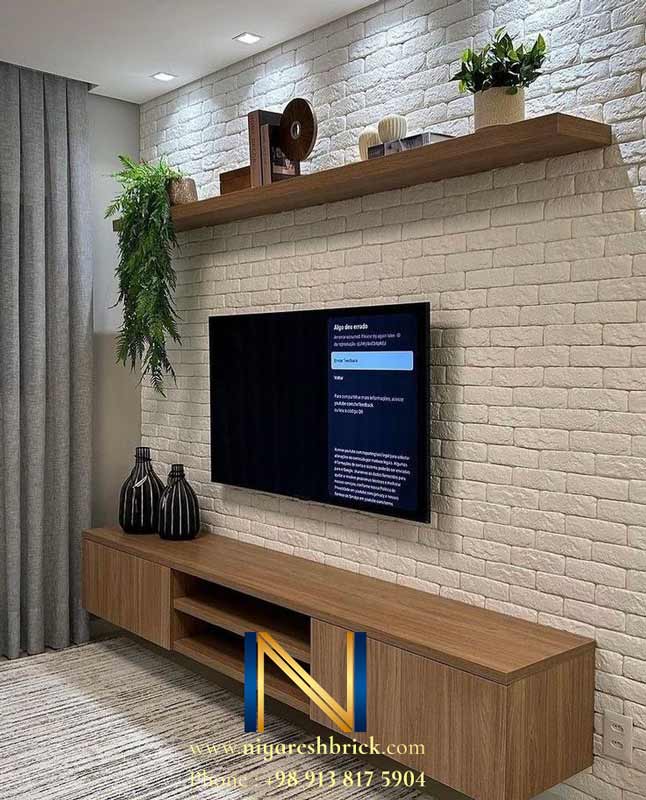 دیوار تلویزیون با آجر سفید دکوراتیو